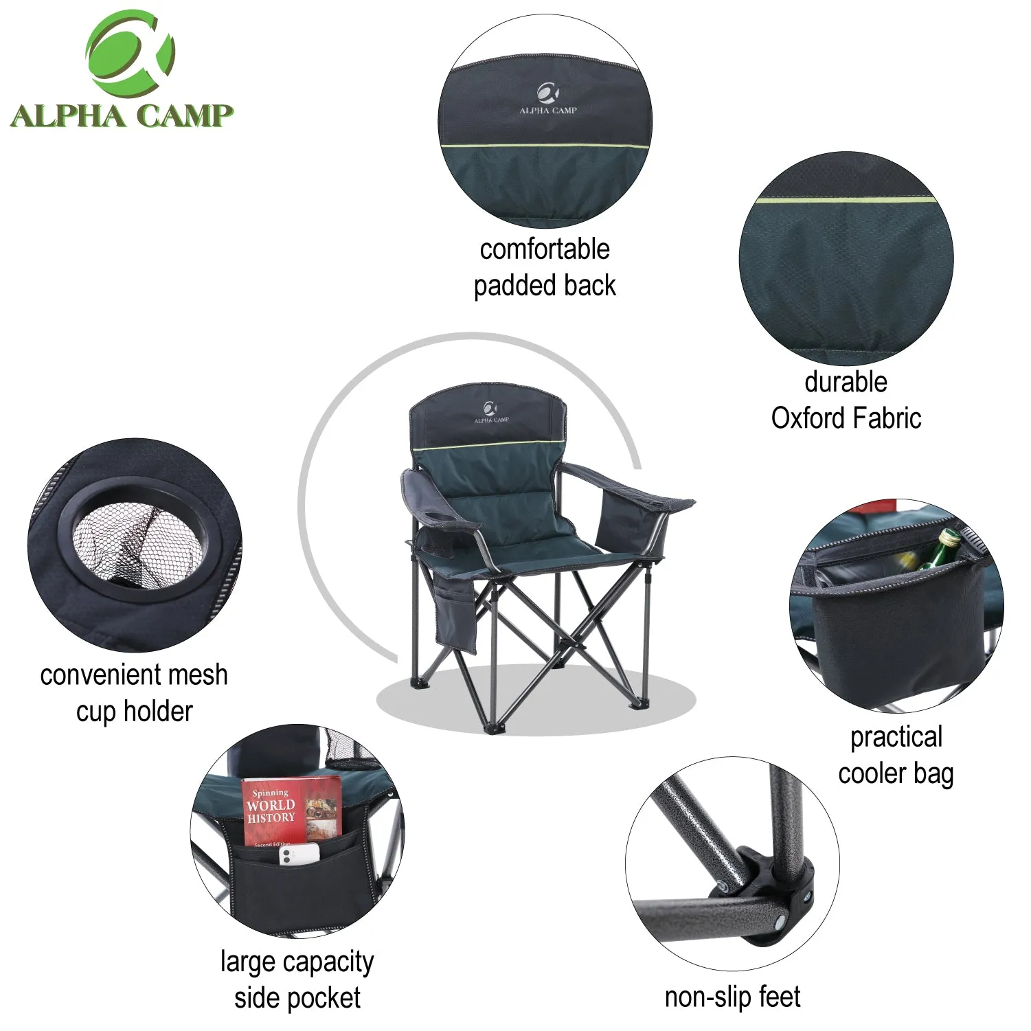 ALPHA CAMP Oversized Heavy Duty Camping Picnic Chairs Padded Arm Chair