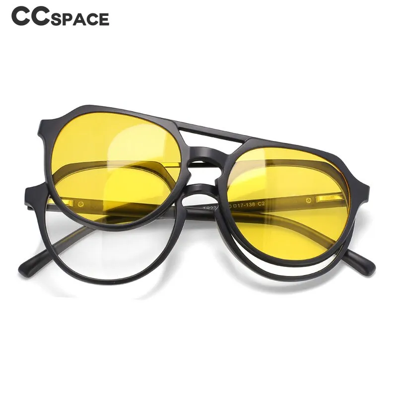 CCspace Unisex Full Rim Round Tr 90 Titanium Frame Eyeglasses Clip On 5 Piece Lens Sunglasses 53882