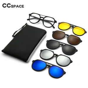 CCspace Unisex Full Rim Round Tr 90 Titanium Frame Eyeglasses Clip On 5 Piece Lens Sunglasses 53882