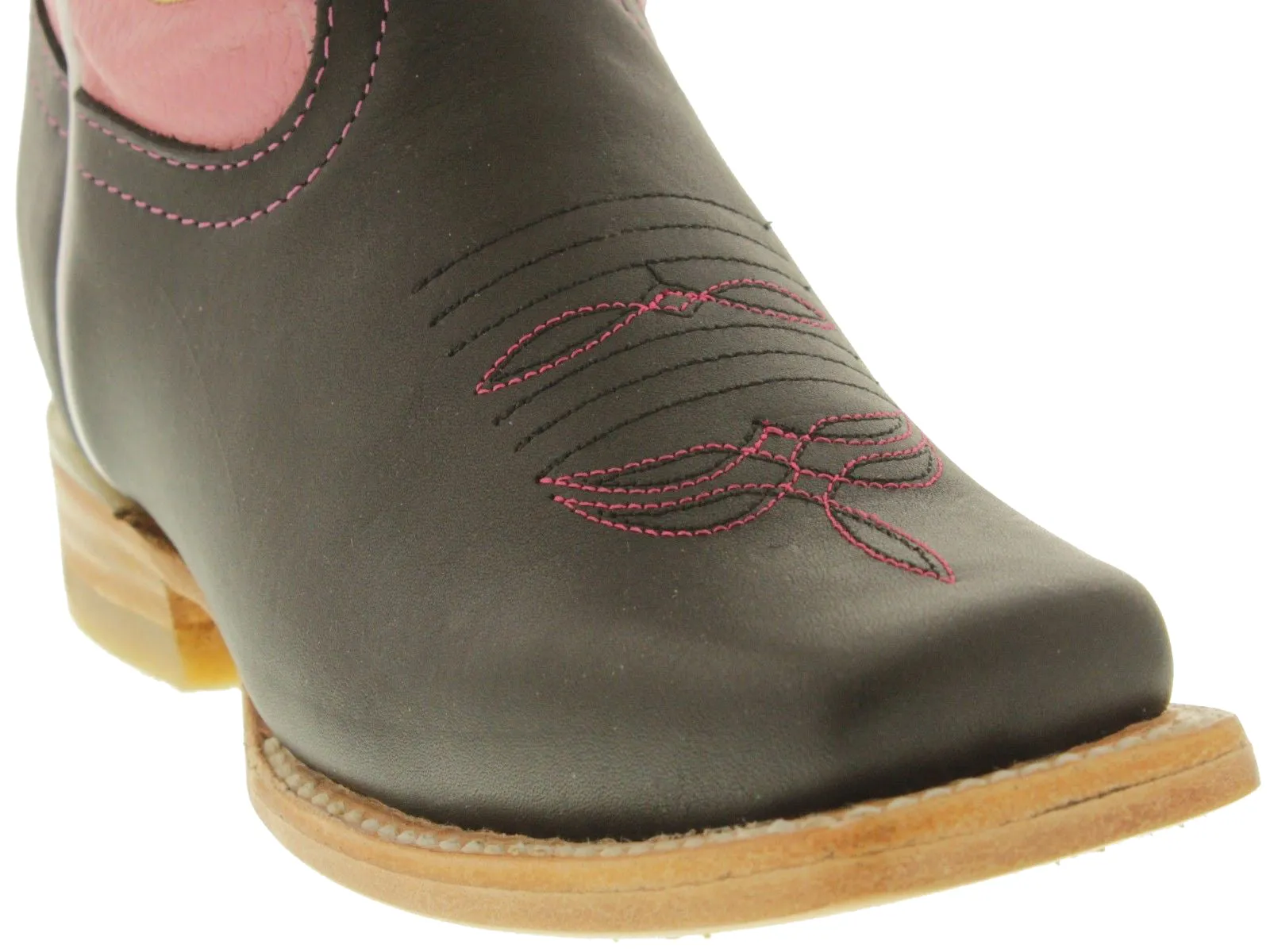 Girls Kids Black Pink Leather Flower Rodeo Square Pull On Western Cowgirl Boots