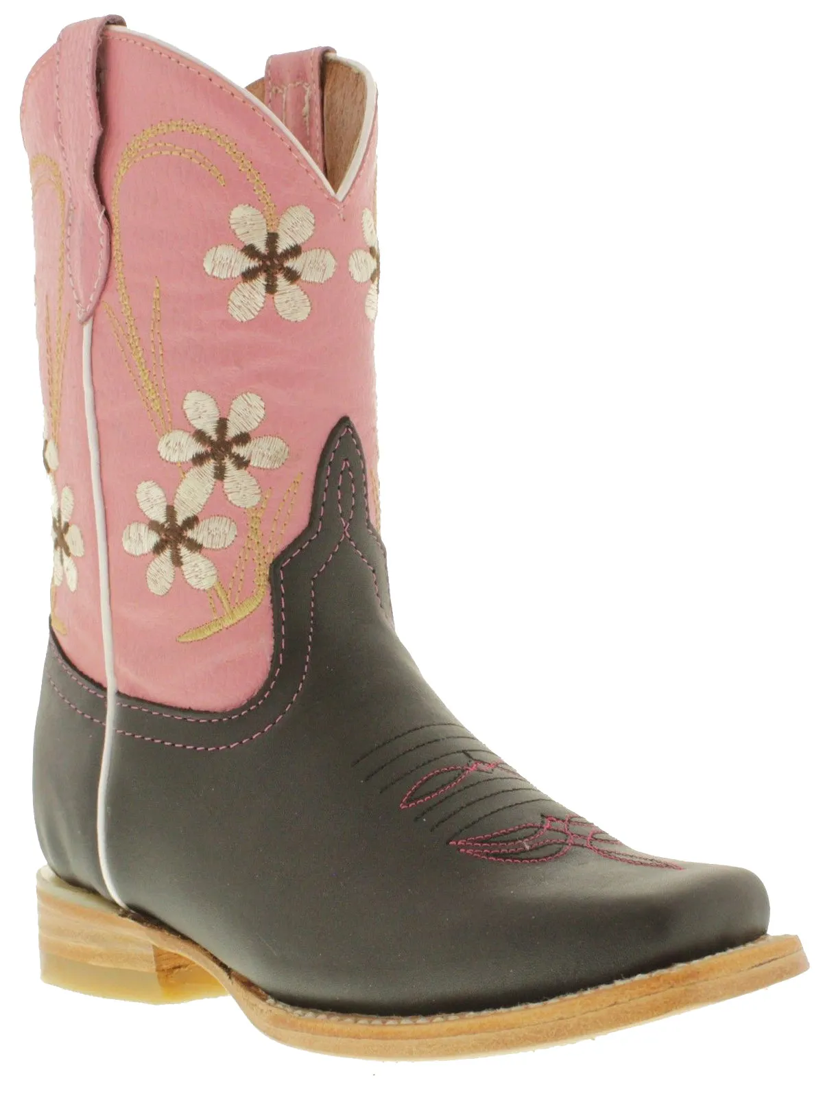 Girls Kids Black Pink Leather Flower Rodeo Square Pull On Western Cowgirl Boots