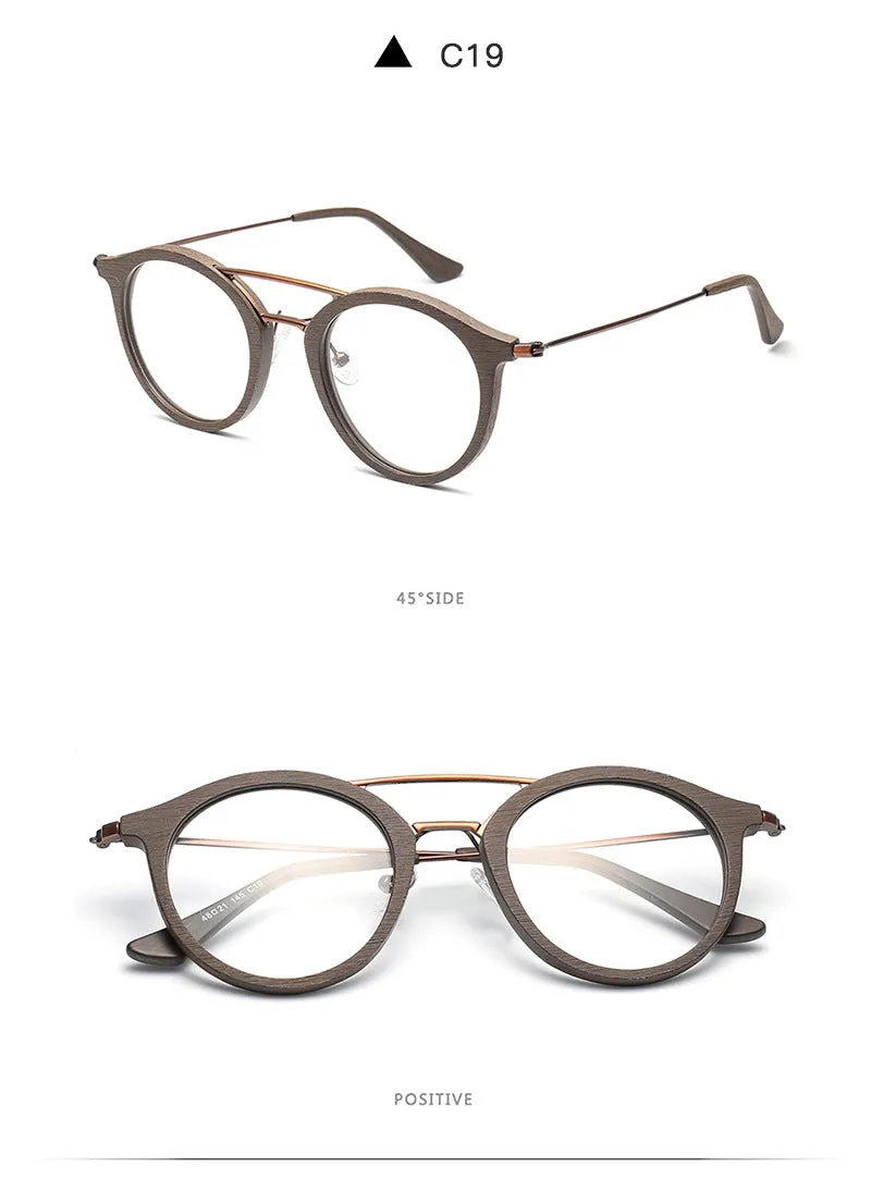 Hdcrafter Unisex Full Rim Round Wood Alloy Double Bridge Eyeglasses 4821