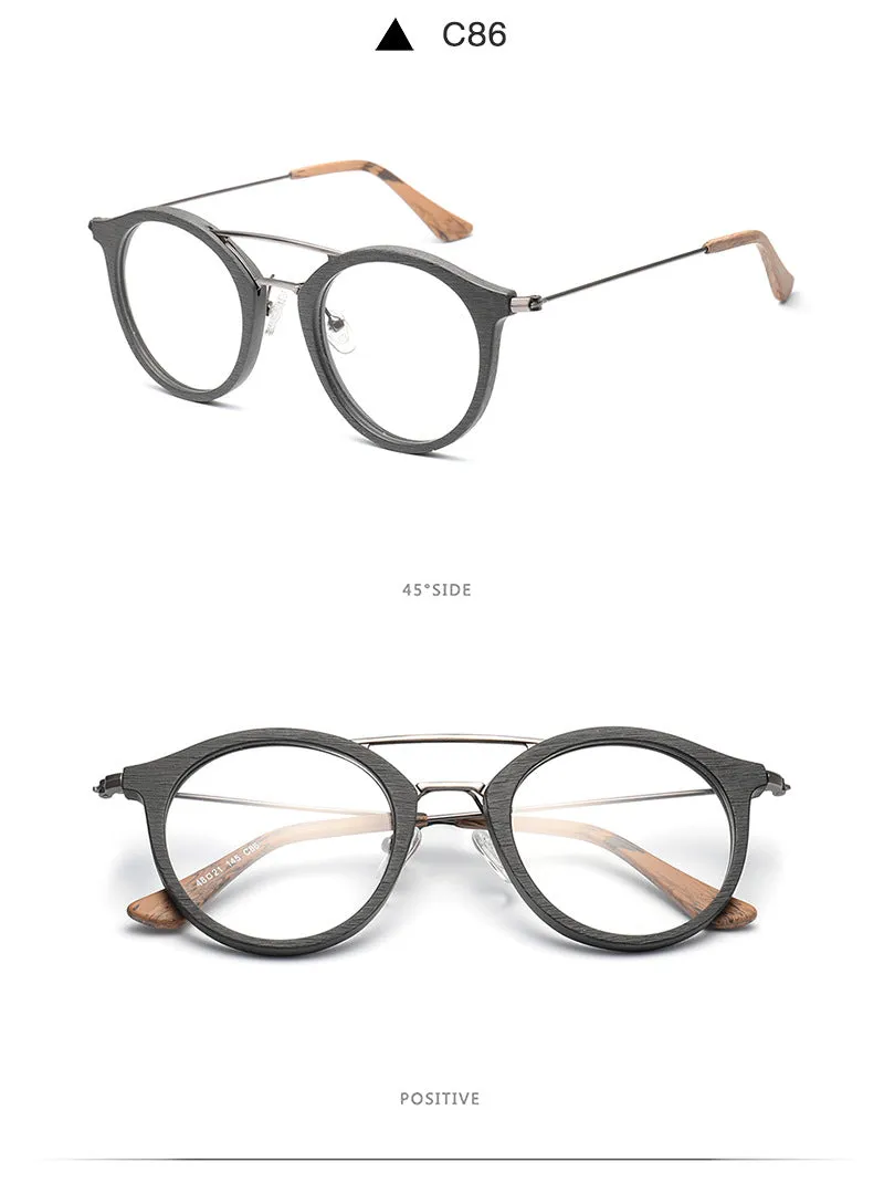 Hdcrafter Unisex Full Rim Round Wood Alloy Double Bridge Eyeglasses 4821