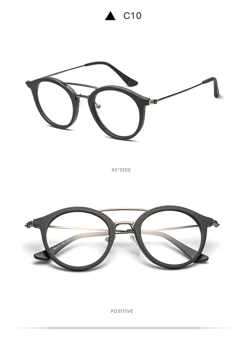 Hdcrafter Unisex Full Rim Round Wood Alloy Double Bridge Eyeglasses 4821