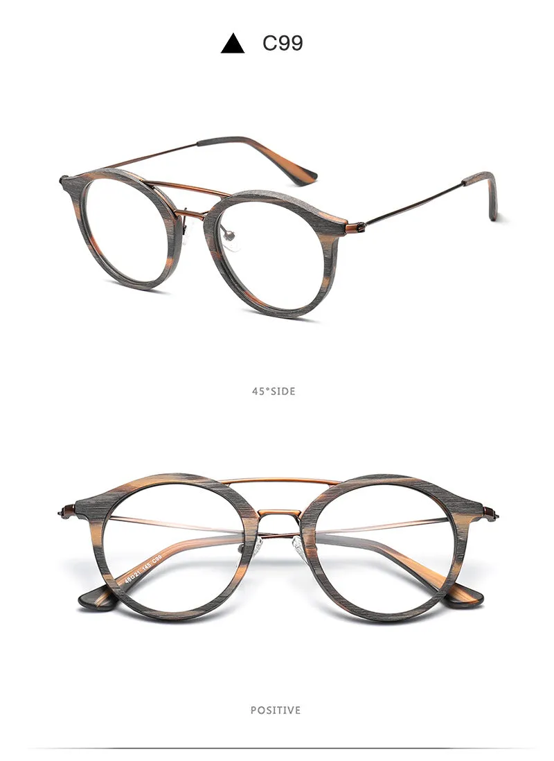 Hdcrafter Unisex Full Rim Round Wood Alloy Double Bridge Eyeglasses 4821