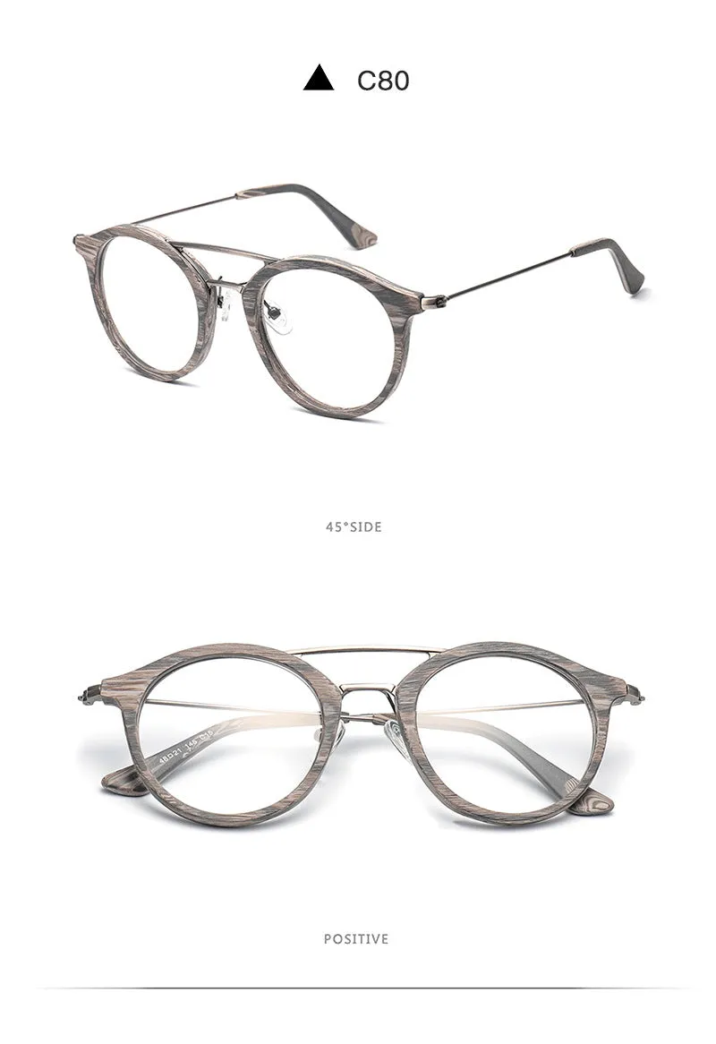 Hdcrafter Unisex Full Rim Round Wood Alloy Double Bridge Eyeglasses 4821