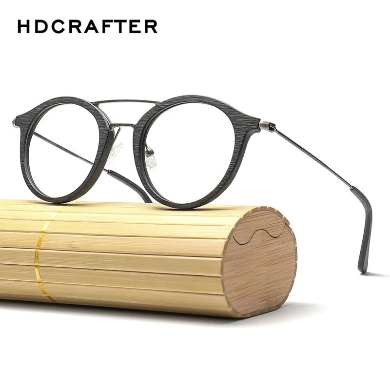 Hdcrafter Unisex Full Rim Round Wood Alloy Double Bridge Eyeglasses 4821