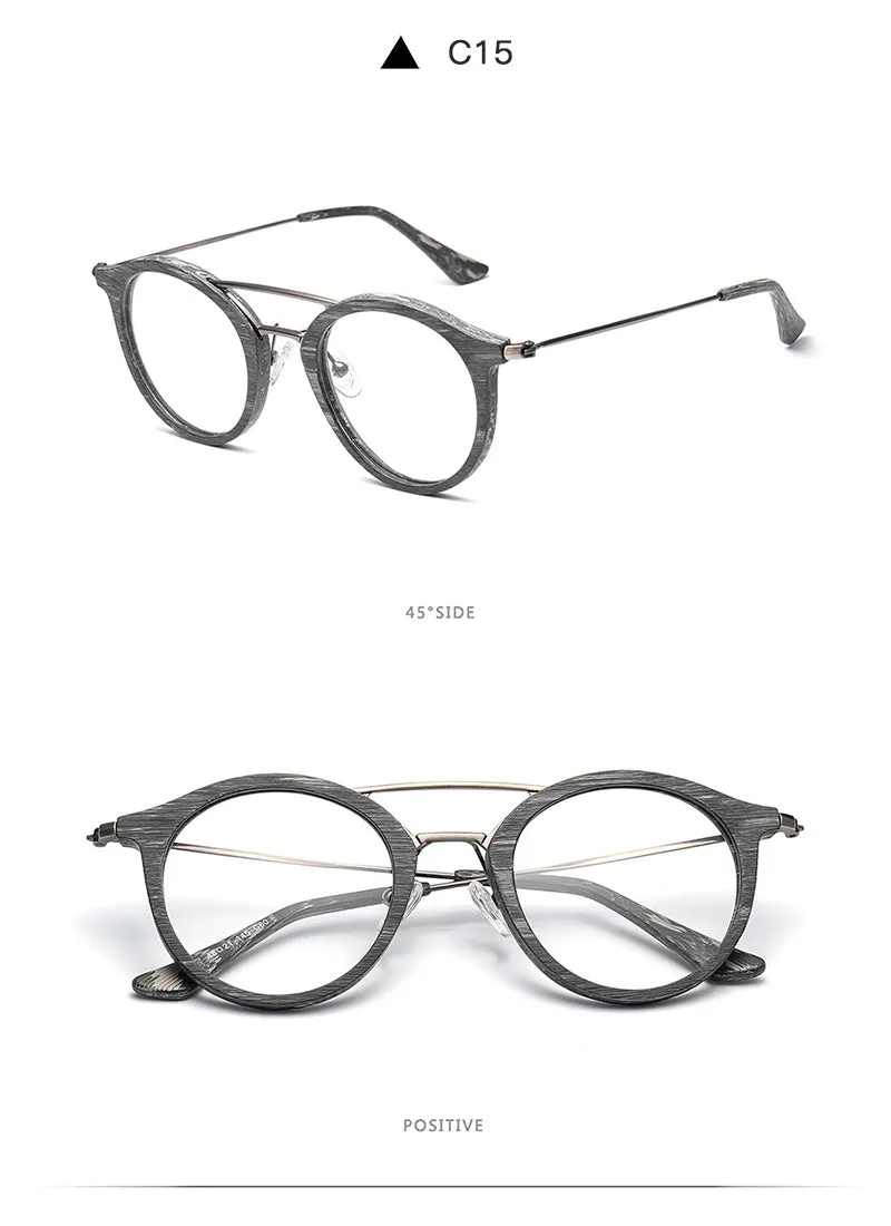 Hdcrafter Unisex Full Rim Round Wood Alloy Double Bridge Eyeglasses 4821