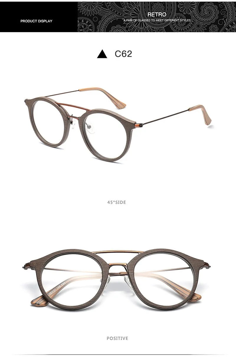 Hdcrafter Unisex Full Rim Round Wood Alloy Double Bridge Eyeglasses 4821