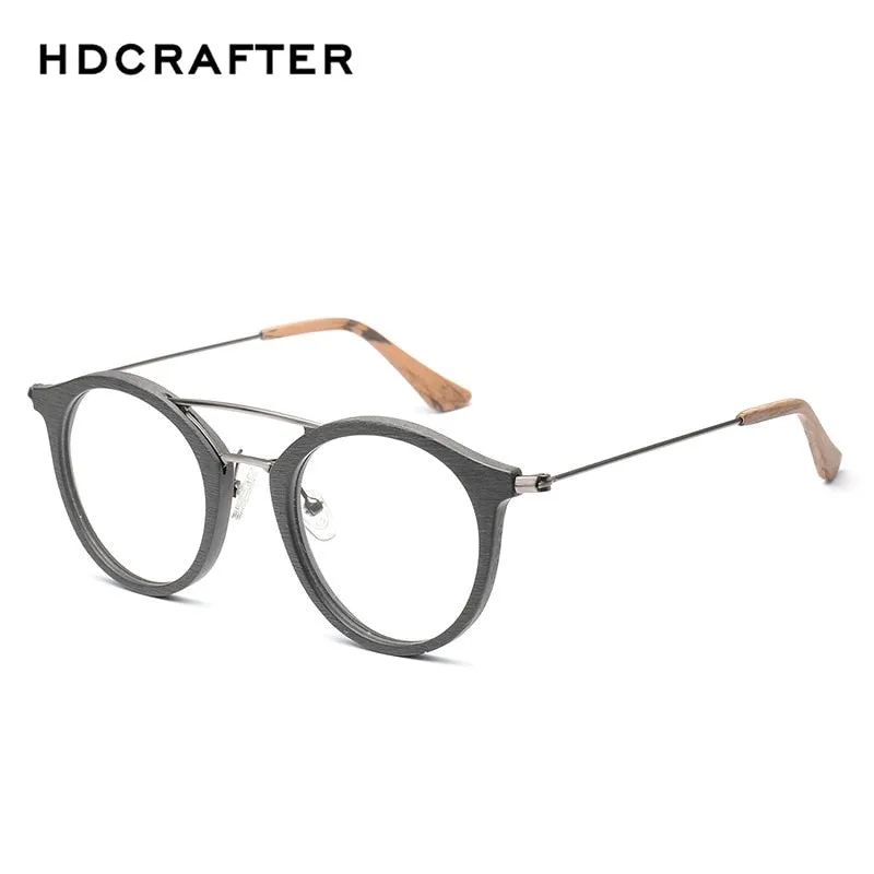 Hdcrafter Unisex Full Rim Round Wood Alloy Double Bridge Eyeglasses 4821