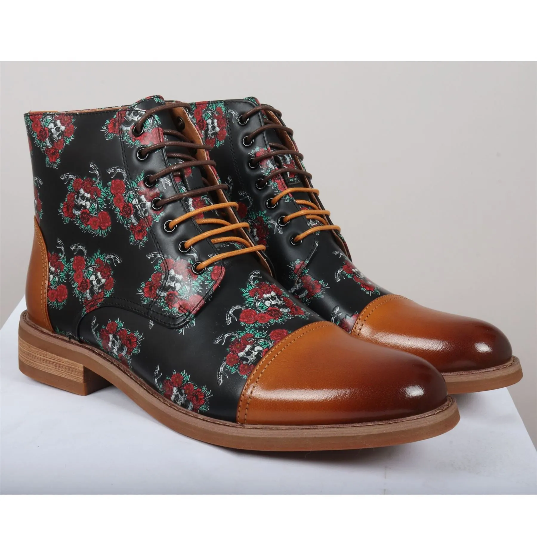 Men's Boot Brown Oxford Floral Skull Print Lace Up Leather Dress Ankle Boots