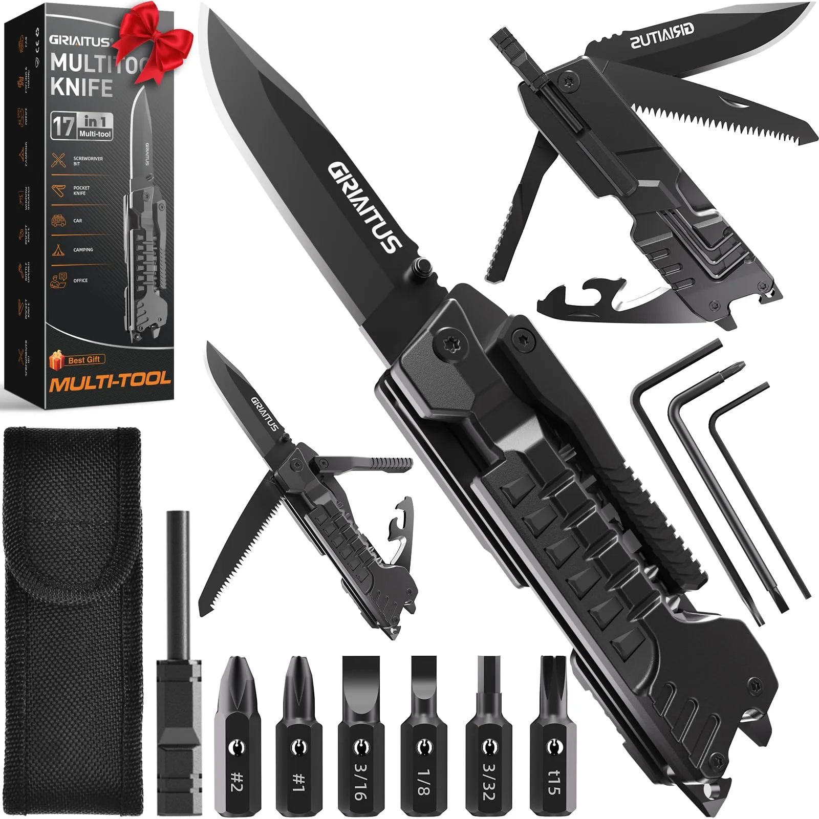 Multitool Knife 17 in 1Fire Starting Sticks, Bottle Opener, Saw Screwdrivers Bottle Opener, Whistle, Window Breaker and More -Perfect for Camping, Outdoorl, Survival and Everyday Use,Gifts for Men Dad