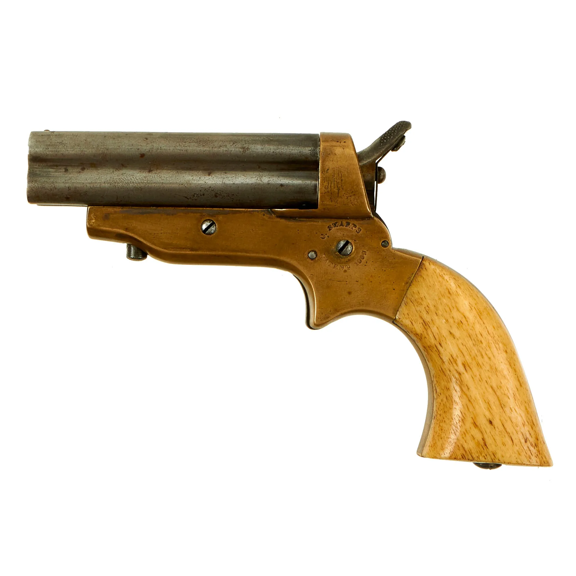 Original U.S. Sharps Model 2A .30 Rimfire 4 Barrel Brass Frame Pepperbox Pistol with Bone Grips in Custom Wood Case - Serial 15584