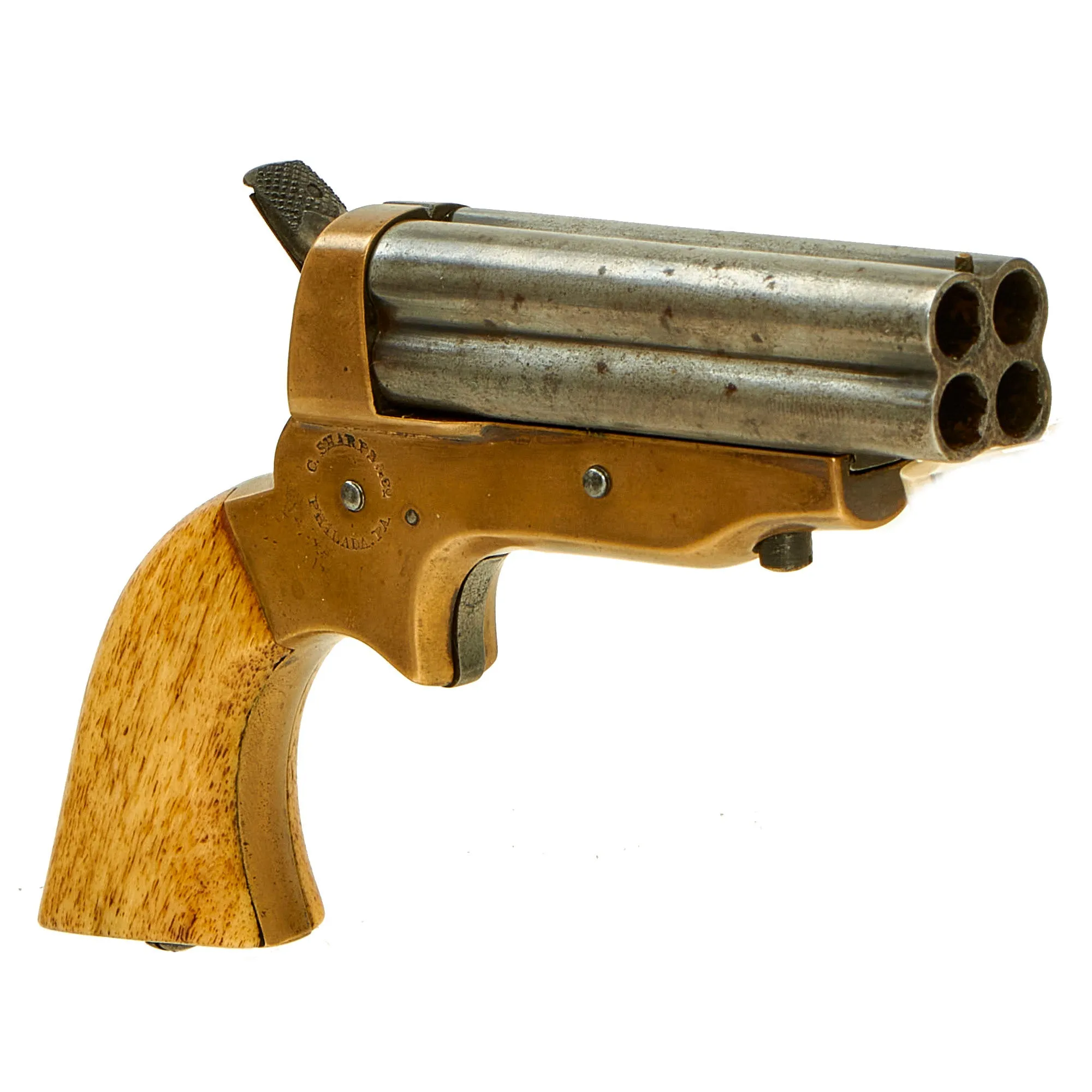 Original U.S. Sharps Model 2A .30 Rimfire 4 Barrel Brass Frame Pepperbox Pistol with Bone Grips in Custom Wood Case - Serial 15584