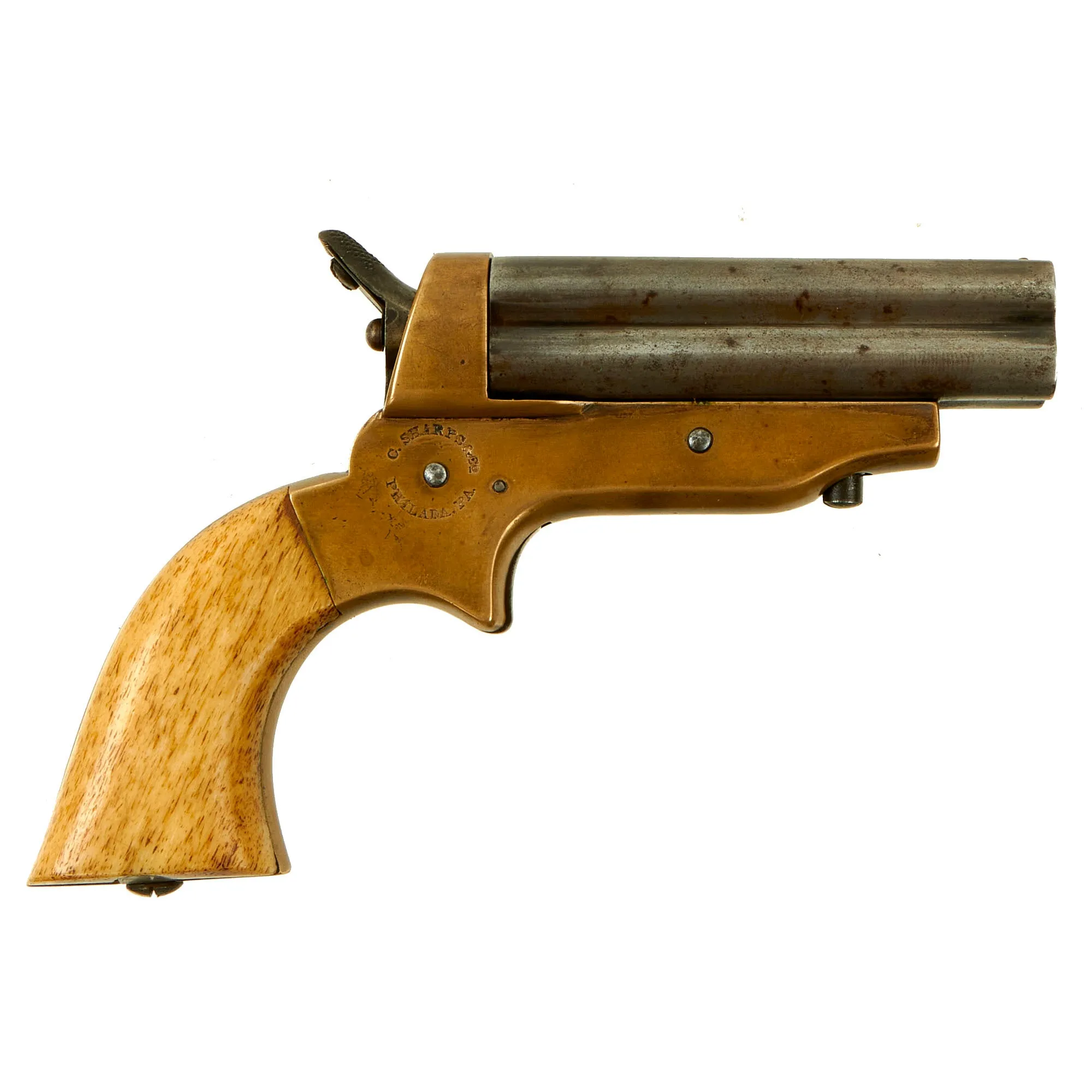 Original U.S. Sharps Model 2A .30 Rimfire 4 Barrel Brass Frame Pepperbox Pistol with Bone Grips in Custom Wood Case - Serial 15584