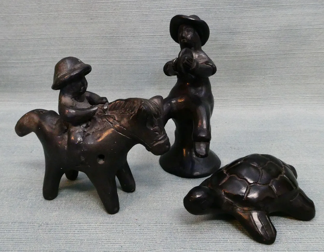 Set of 3 Mexican Black Pottery Whistle Figures - Good Condition