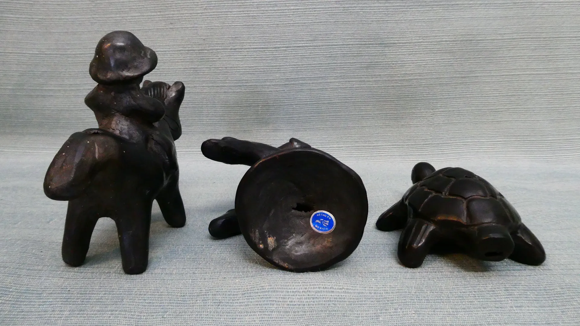 Set of 3 Mexican Black Pottery Whistle Figures - Good Condition