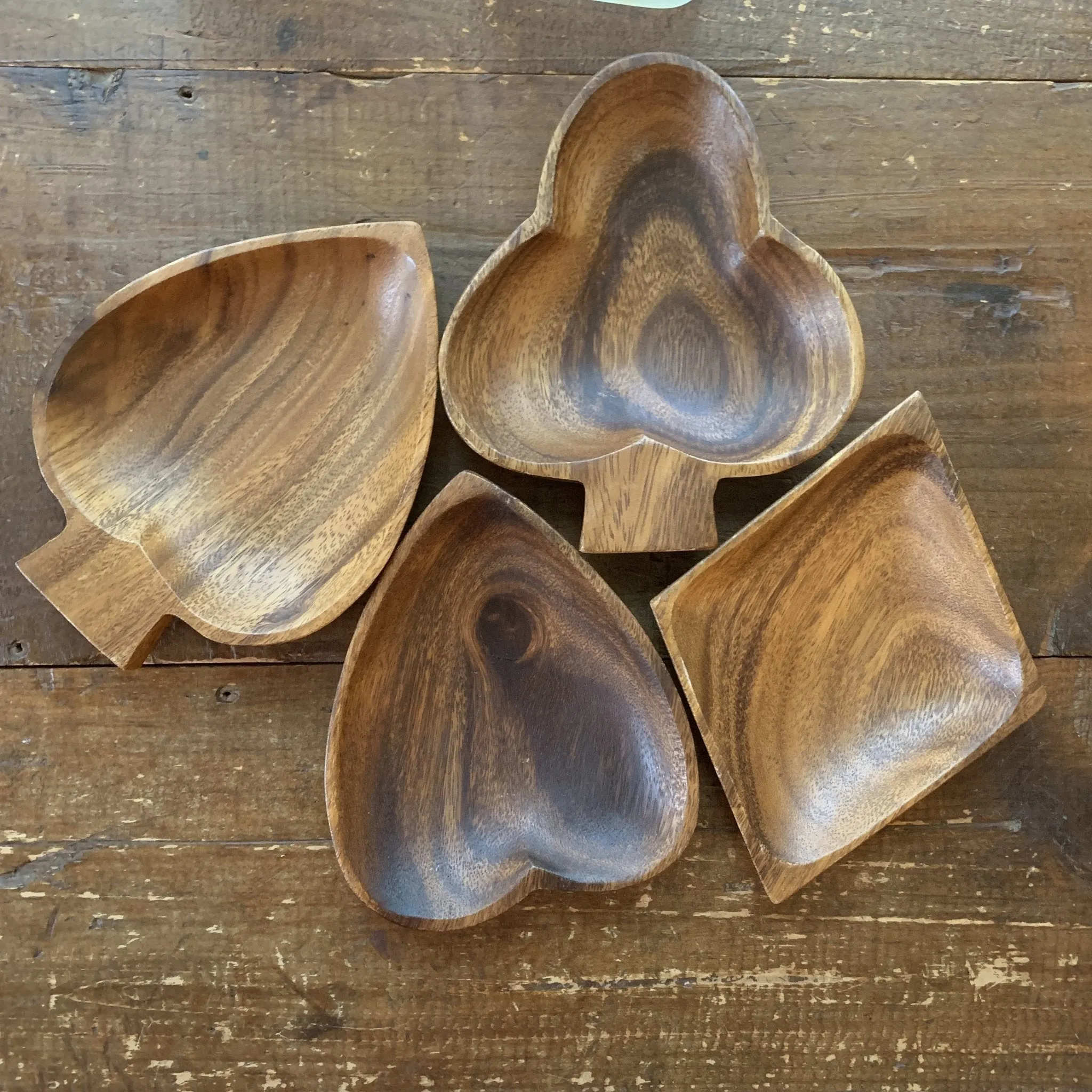 Vintage Wood Bowls in Card Suit Shapes of Hearts, Diamonds, Spades, & Clubs. Perfect for a Card Party!